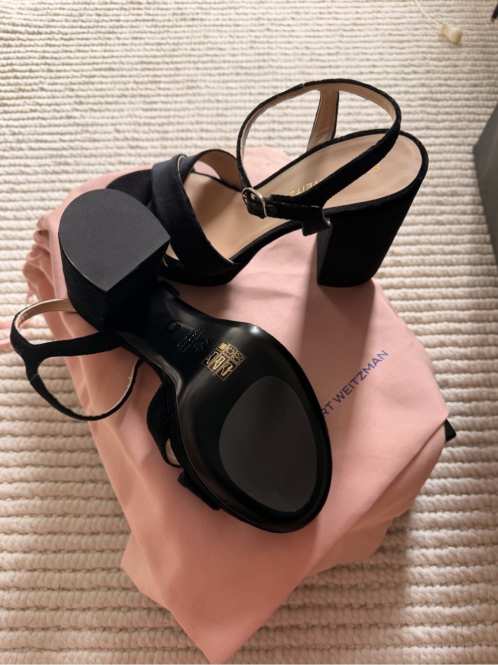 BRAND NEW Stuart Weitzman Black Suede Chunky Heel Sandals